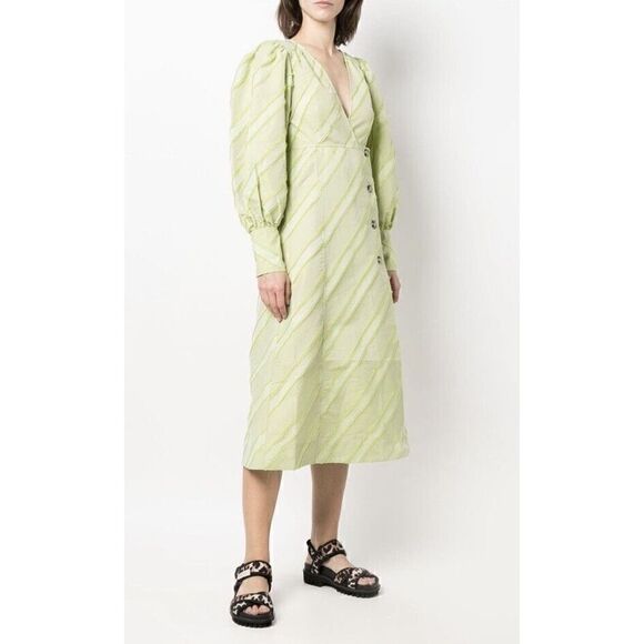 Ganni Green Dress with puff sleeves Midi suze 34 US 2 - Picture 4 of 16